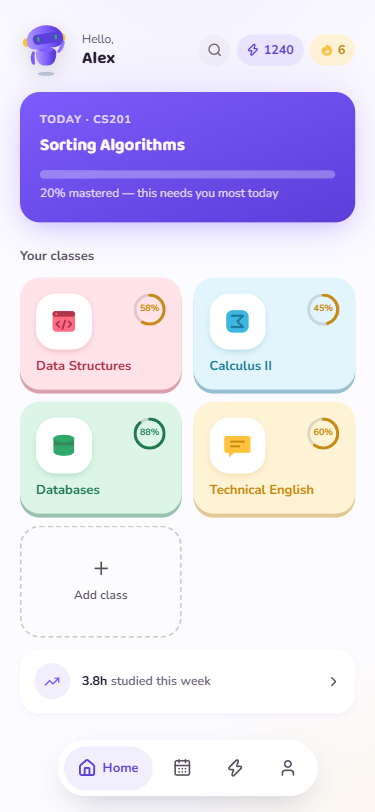 TIBO home screen with color-coded classes and today's focus